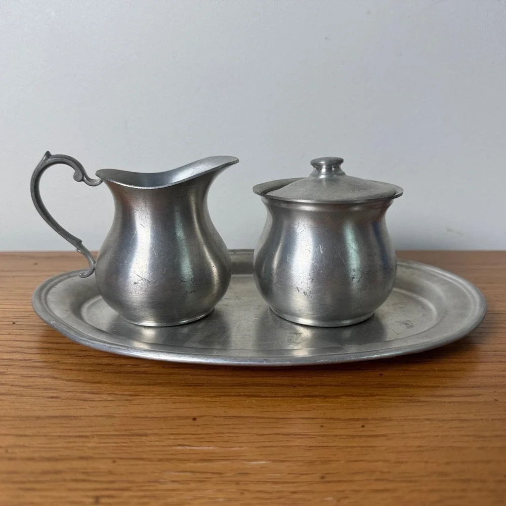 Web Pewter‎ Early American Creamer Sugar Bowl and Oval Tray Set 3 Piece Vintage